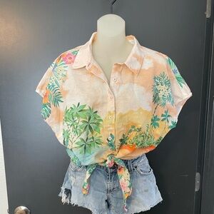 Talbots Beachy linen cotton Tropical button down Top resort wear vacation Hawaii